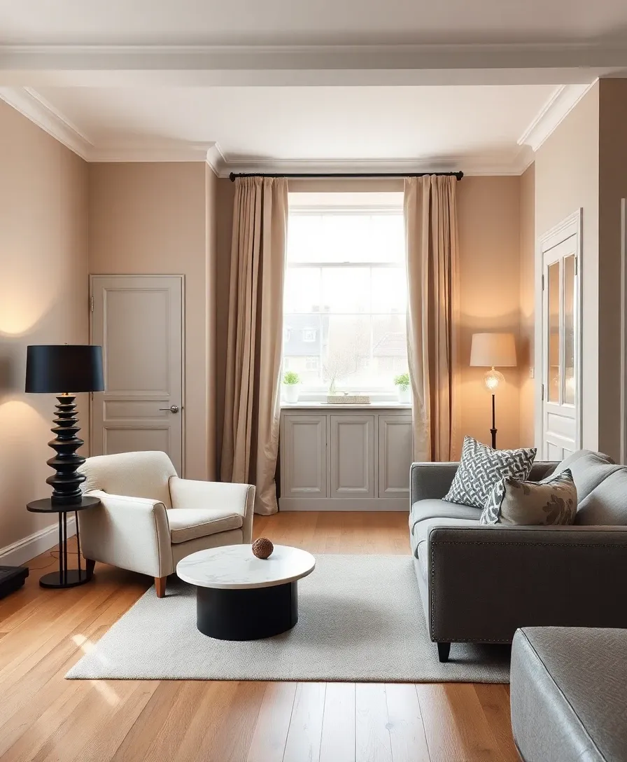 Thoughtful open-plan flat redesign with chalky plaster walls, boucle armchair and sage Shaker kitchen beyond