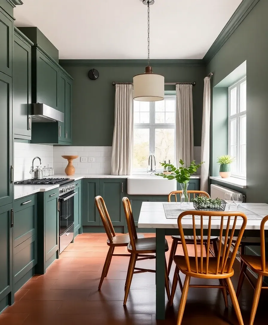 Stylish kitchen-diner redesign — heritage green Shaker cabinets, marble worktops, oak table, terracotta floor