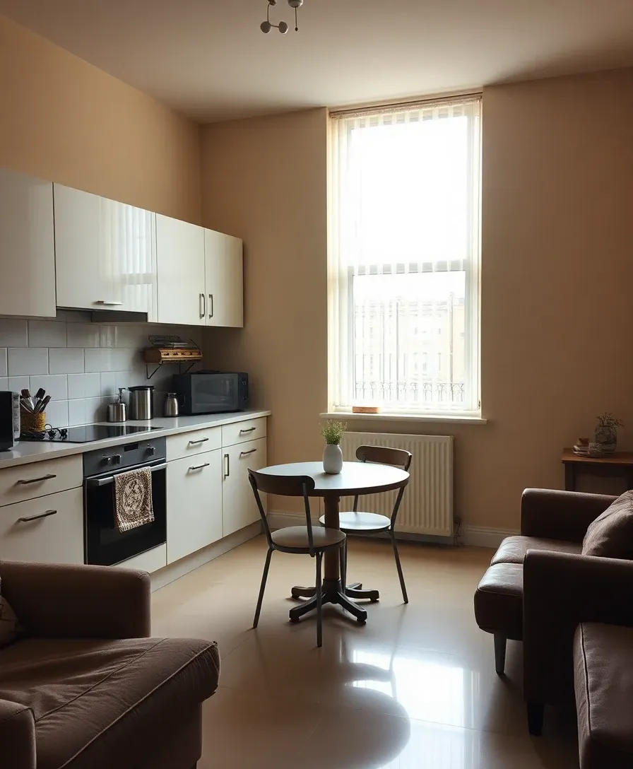 Standard new-build kitchen-diner in Manchester before AI redesign — white gloss units and vinyl floor