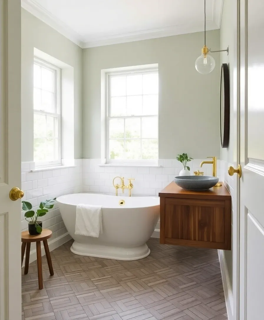 Refined bathroom redesign — roll top bath, metro tiles, sage chalky walls, brass taps, herringbone floor