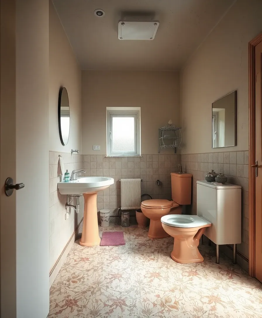 Dated 1930s semi-detached bathroom in Altrincham with peach suite and cracked lino before redesign