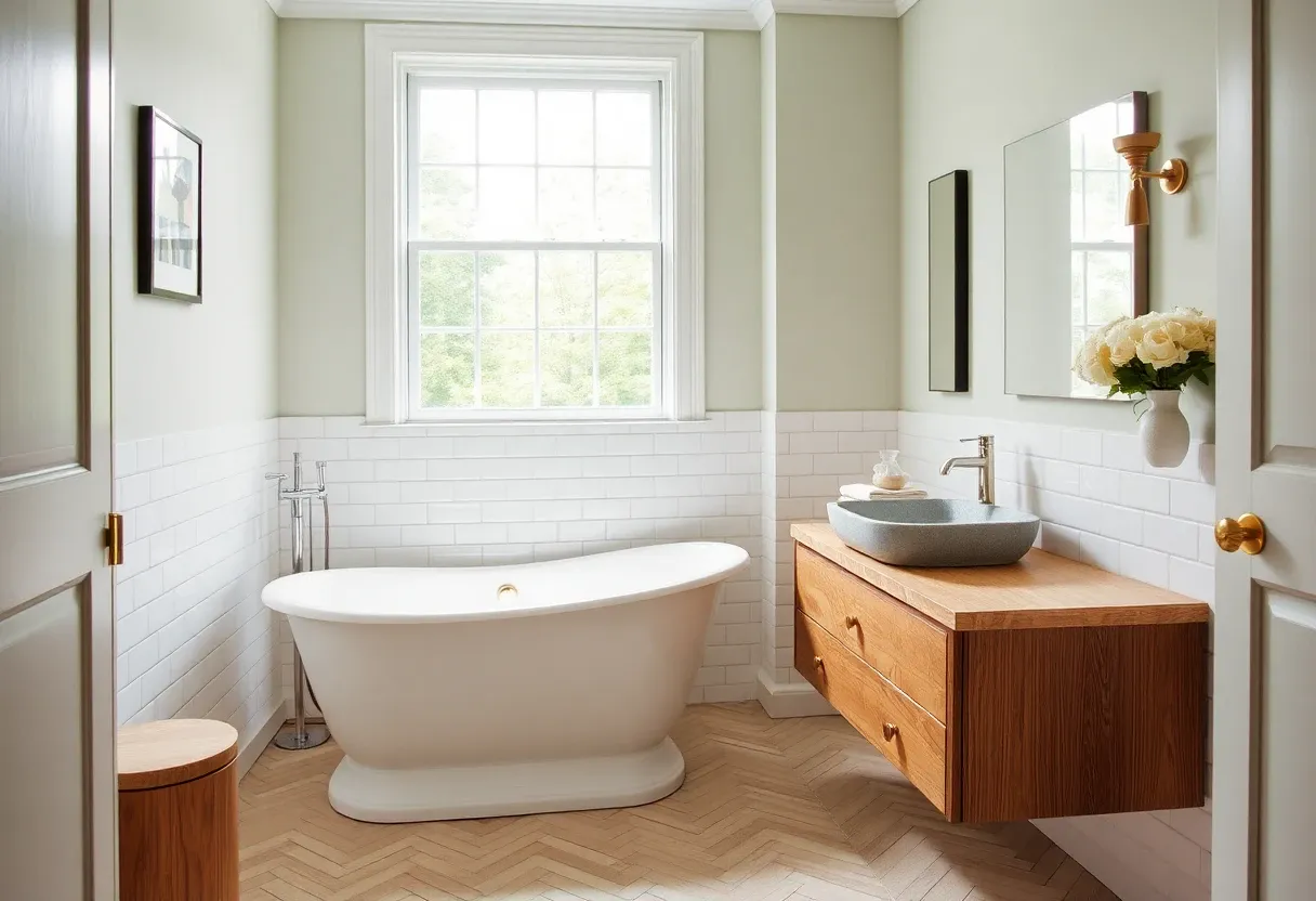 Bathroom design idea — roll top bath, metro tiles, chalky sage walls, brass taps, herringbone floor