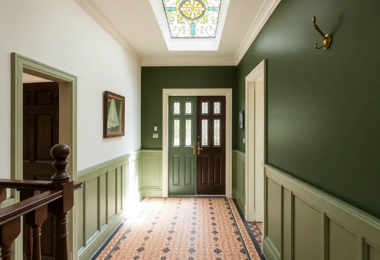 Hallway design idea — restored encaustic tile floor, heritage green panelled dado, stained glass fanlight