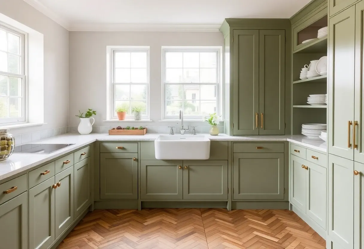 Kitchen design idea — sage Shaker cabinets, brass handles, Belfast sink, herringbone LVT