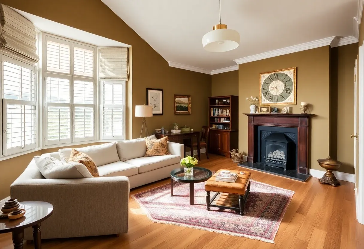 Living room design idea — bay window, linen sofa, restored fireplace, oak floor