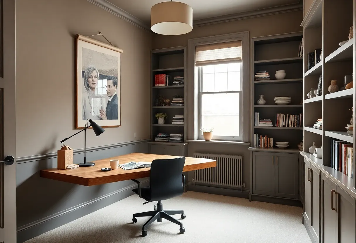 Home office design idea — floating oak desk, paper lantern pendant, built-in shelves