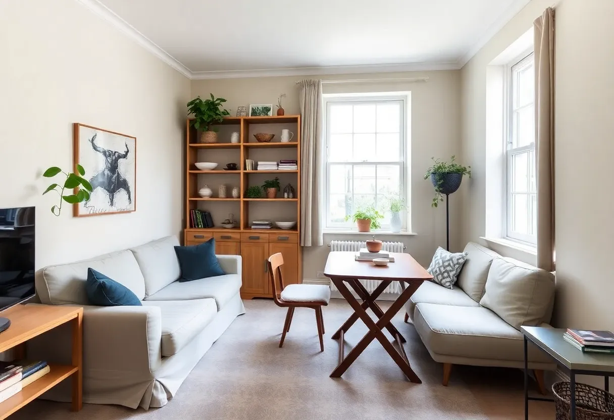 Small flat interior design idea — open plan, linen sofa, fold-down table, shelving with plants