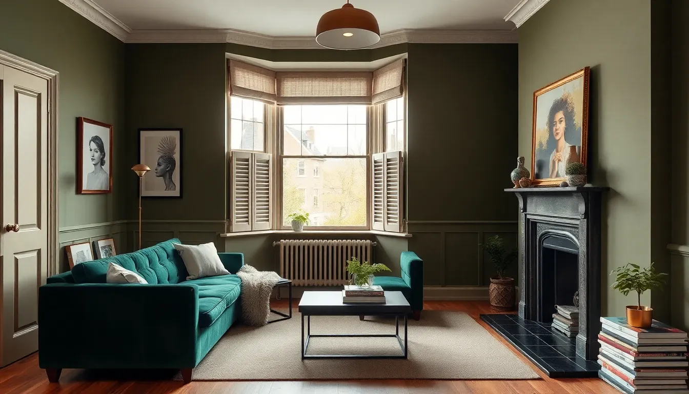 Modern British living room redesign — deep olive walls, velvet sofa, restored cast iron fireplace, bay window with linen shutters