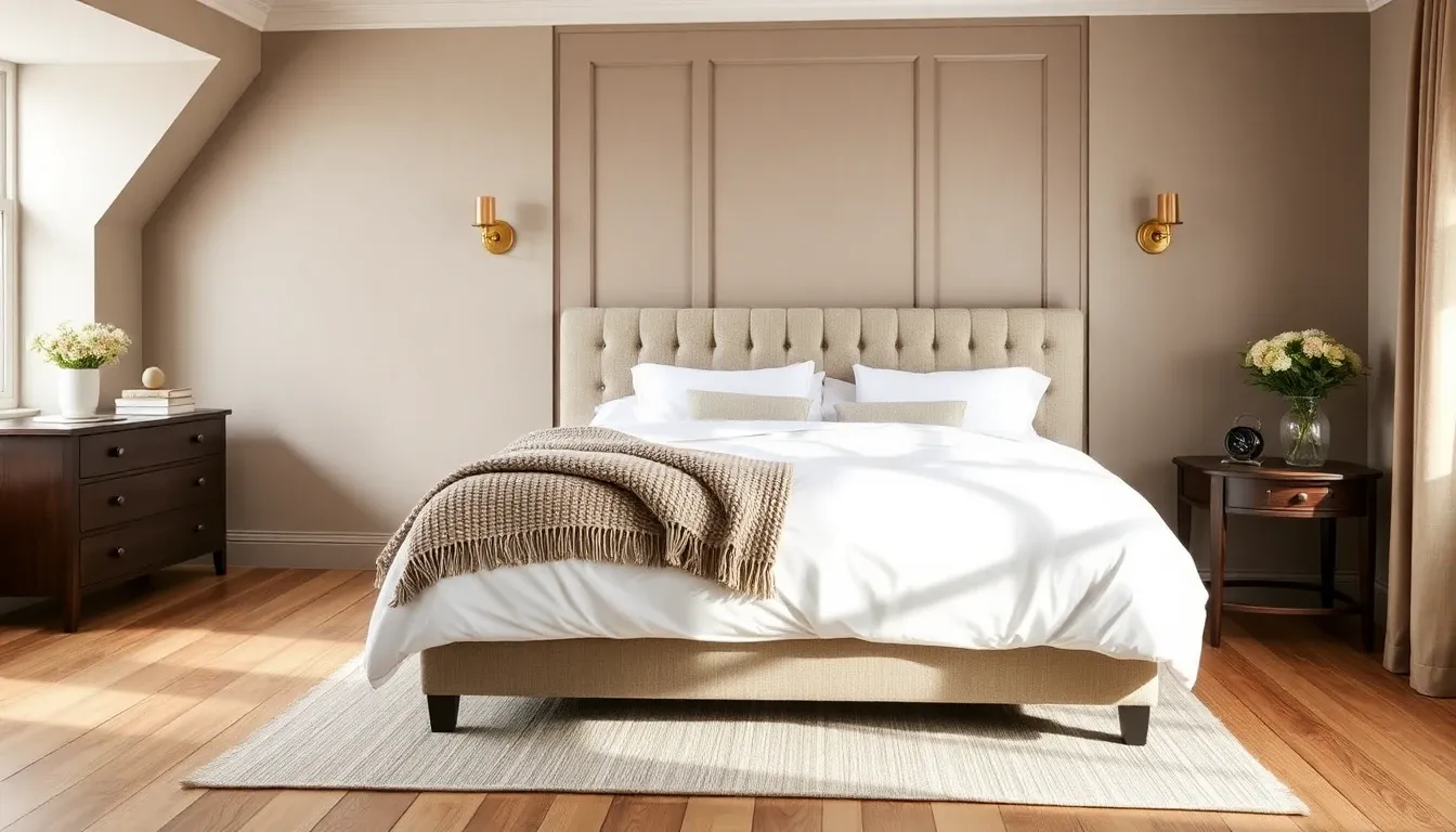 Scandi-Brit bedroom redesign — soft taupe walls, panelled feature wall, linen bed, picture rail preserved