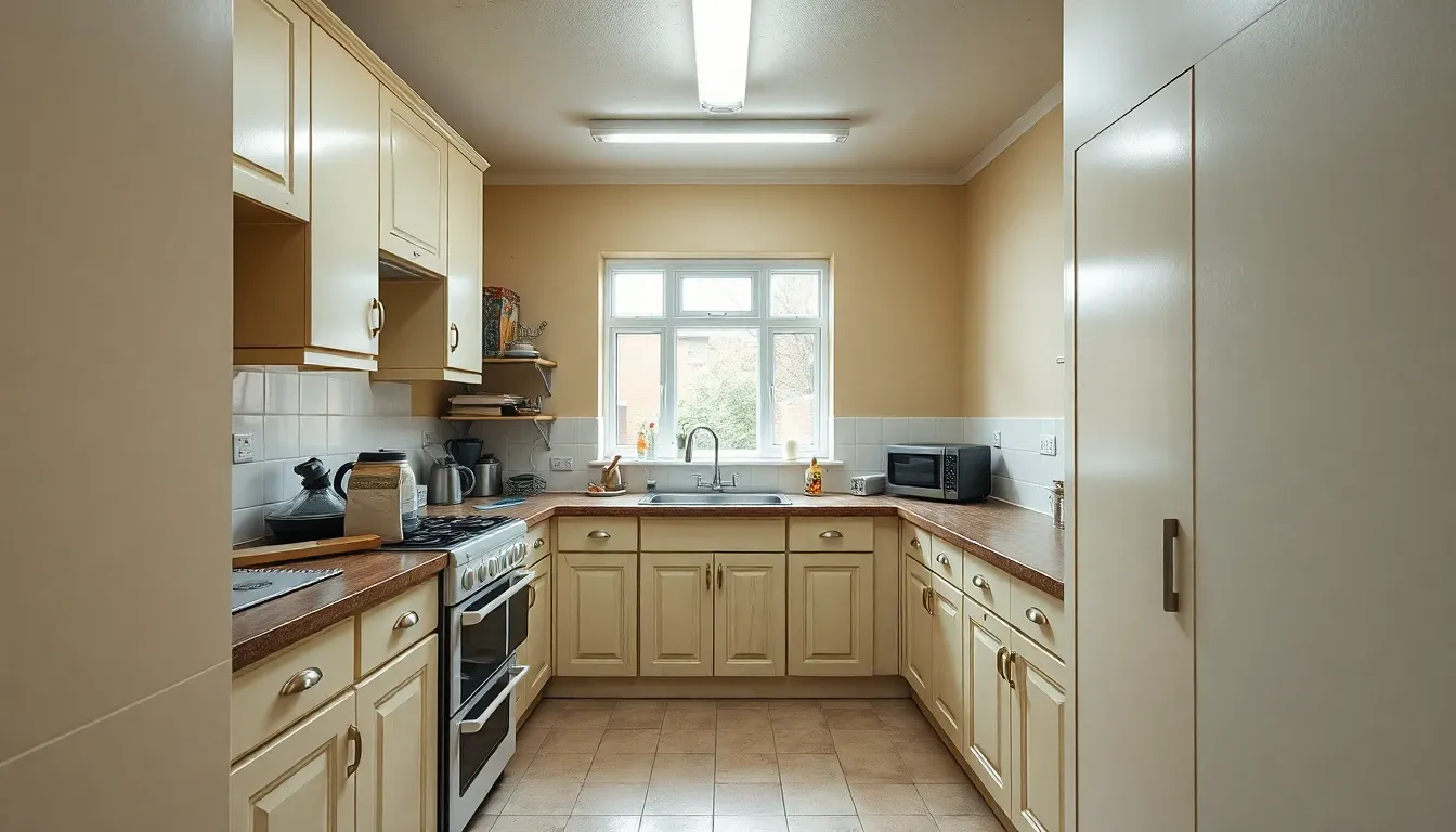 Tired 1930s semi-detached galley kitchen in Birmingham — worn laminate cupboards, beige lino, cluttered worktop