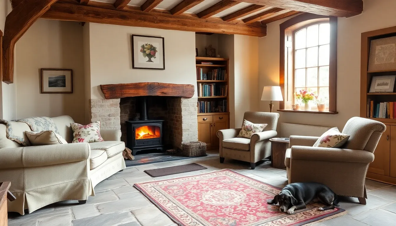 Country cottage sitting room redesign — inglenook with wood burner, oak beams, linen sofa, kilim rug