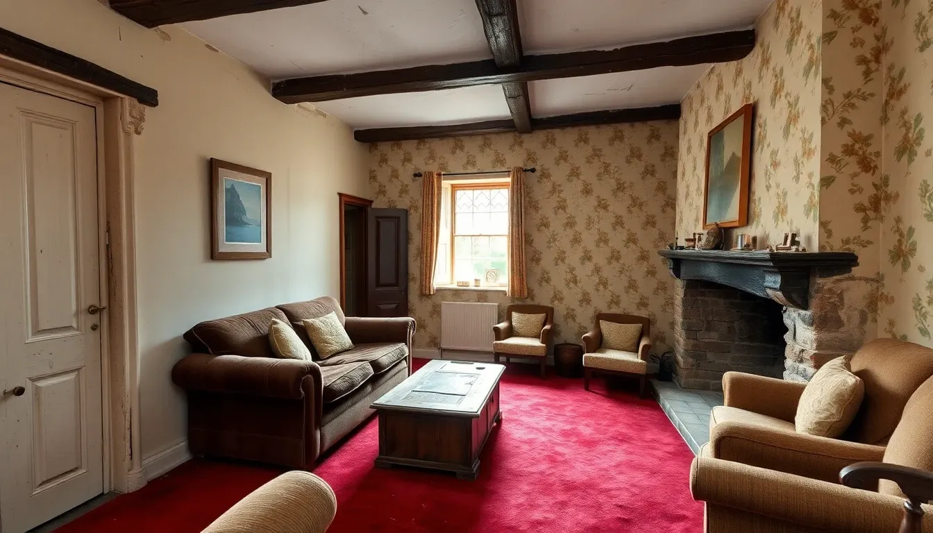 Tired Cotswold stone cottage sitting room before redesign — cold bare stone walls, sagging brown sofa, dusty hearth