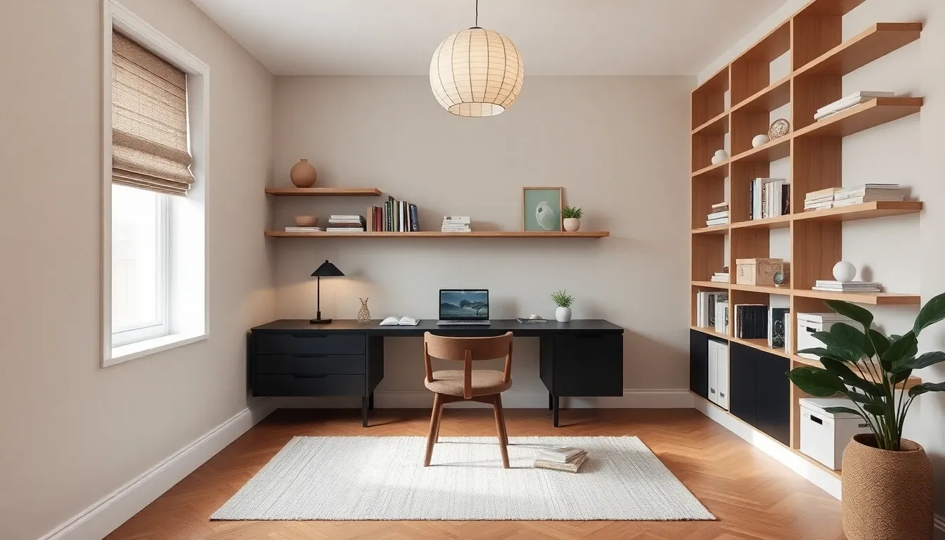 Japandi home office redesign — matte black desk, oak shelves, paper lantern pendant, linen blind