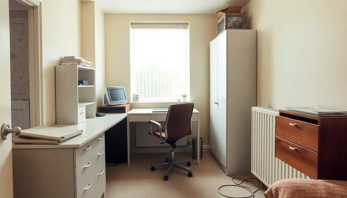 Tired small box-room home office in a London flat — magnolia walls, cheap desk, clutter