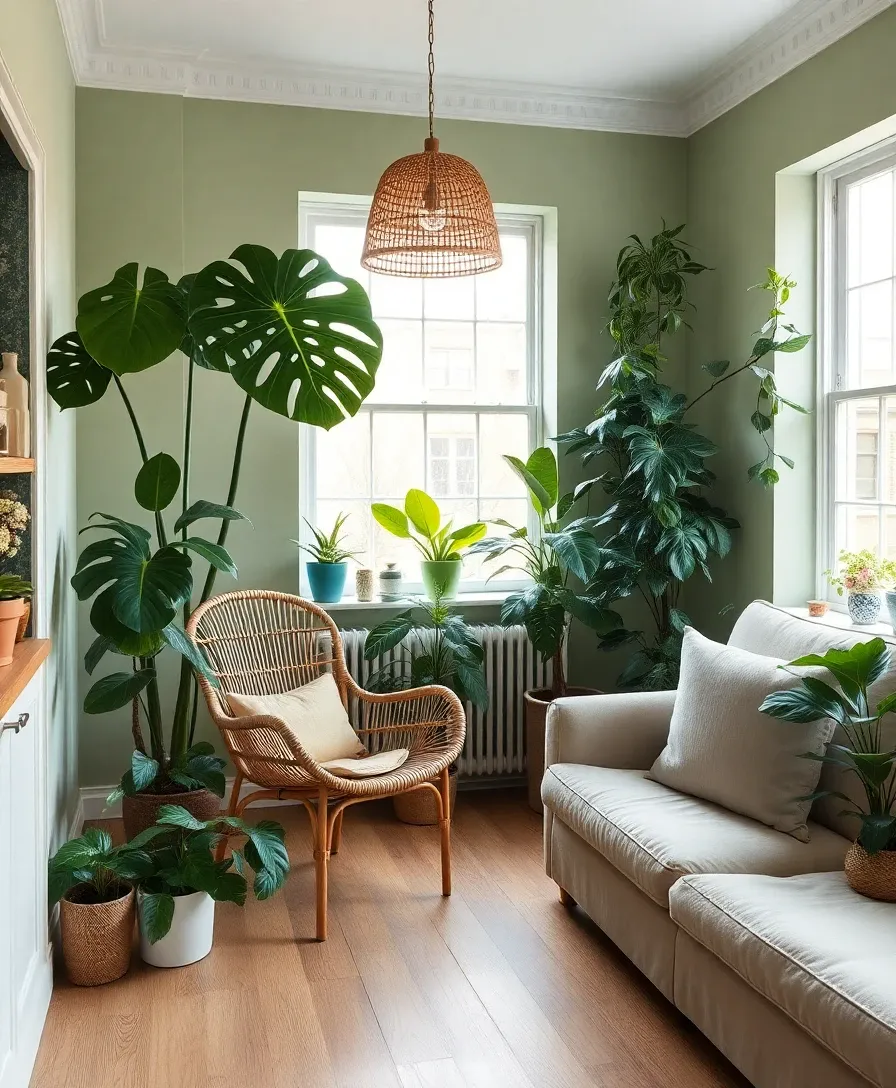 Biophilic city flat interior style — plant-led, rattan chair, woven pendant, chalky green walls