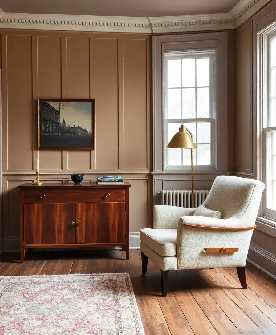 Classic modern British interior style — walnut sideboard, boucle armchair, brass lamp, panelled walls