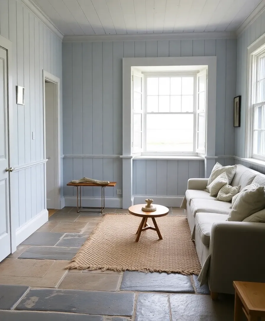 Coastal British interior style — limewashed panelling, chalky blue walls, natural linen, woven rug