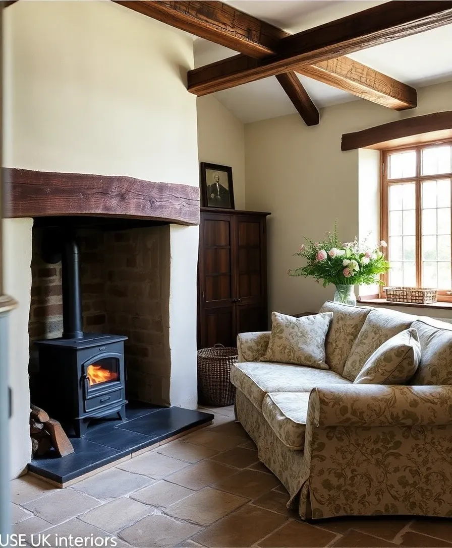 English country cottage interior style — inglenook fireplace, oak beams, linen sofa, stone floor
