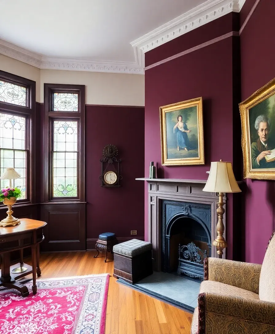 Edwardian revival interior style — deep plum walls, stained glass, restored fireplace, Persian rug