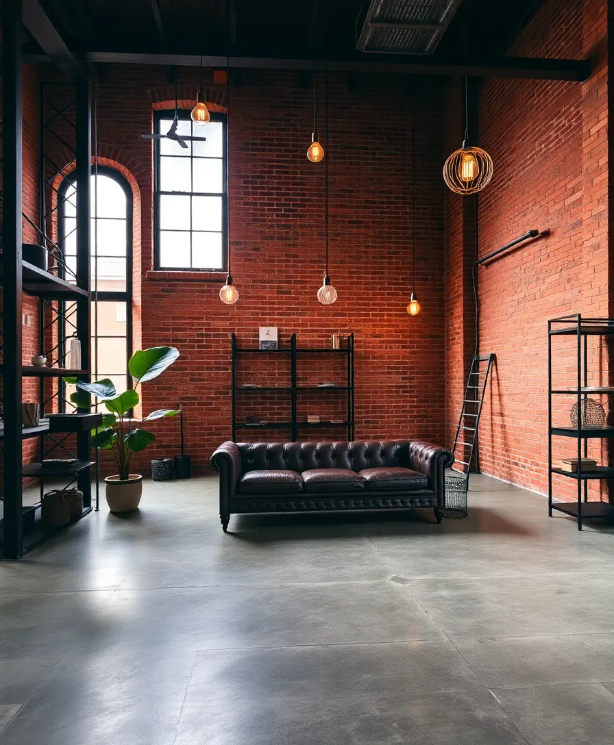 Industrial warehouse interior style — exposed brick, Crittall window, concrete floor, leather sofa