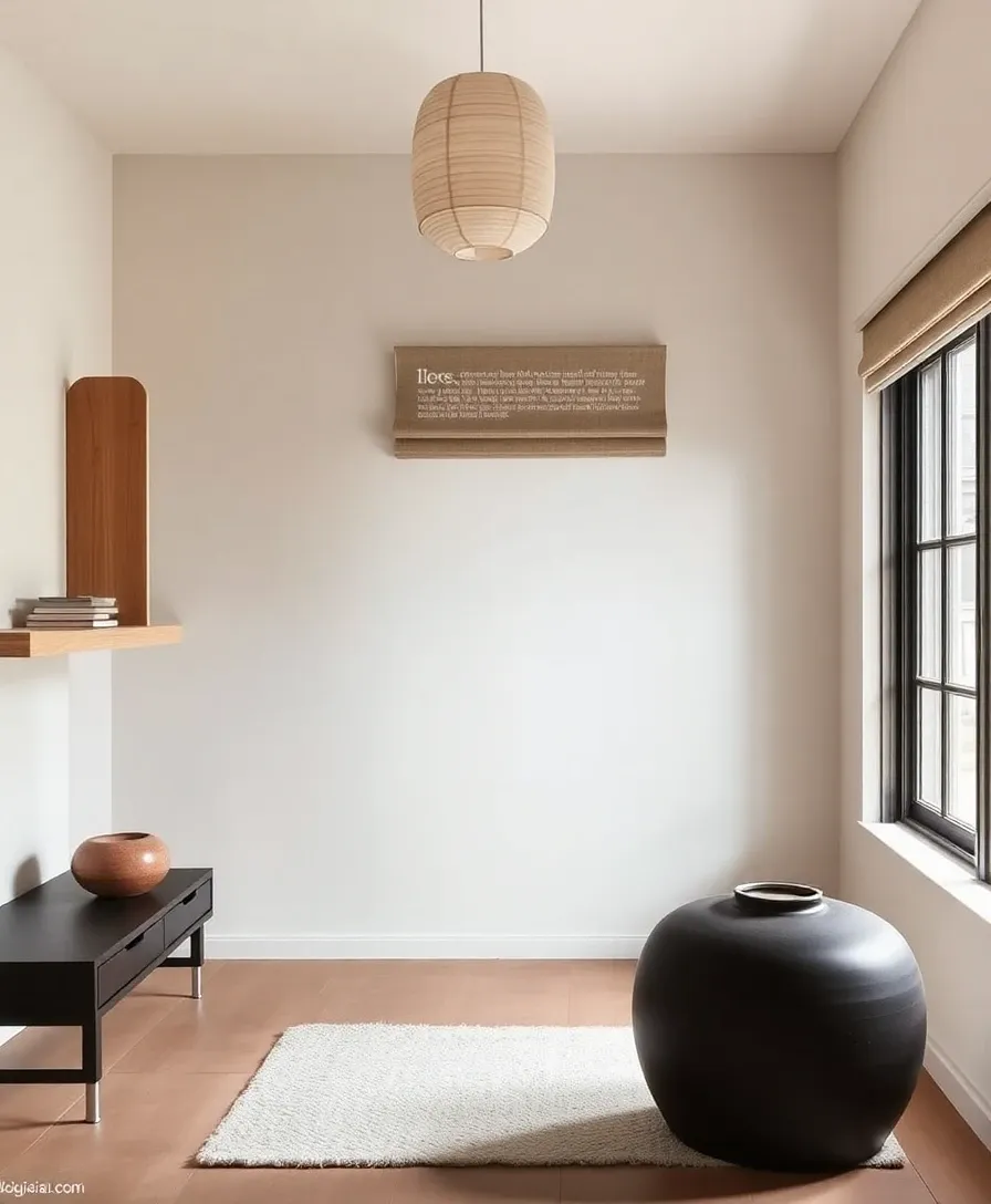 Japandi interior style — matte black low furniture, light oak shelving, paper lantern, chalky plaster walls
