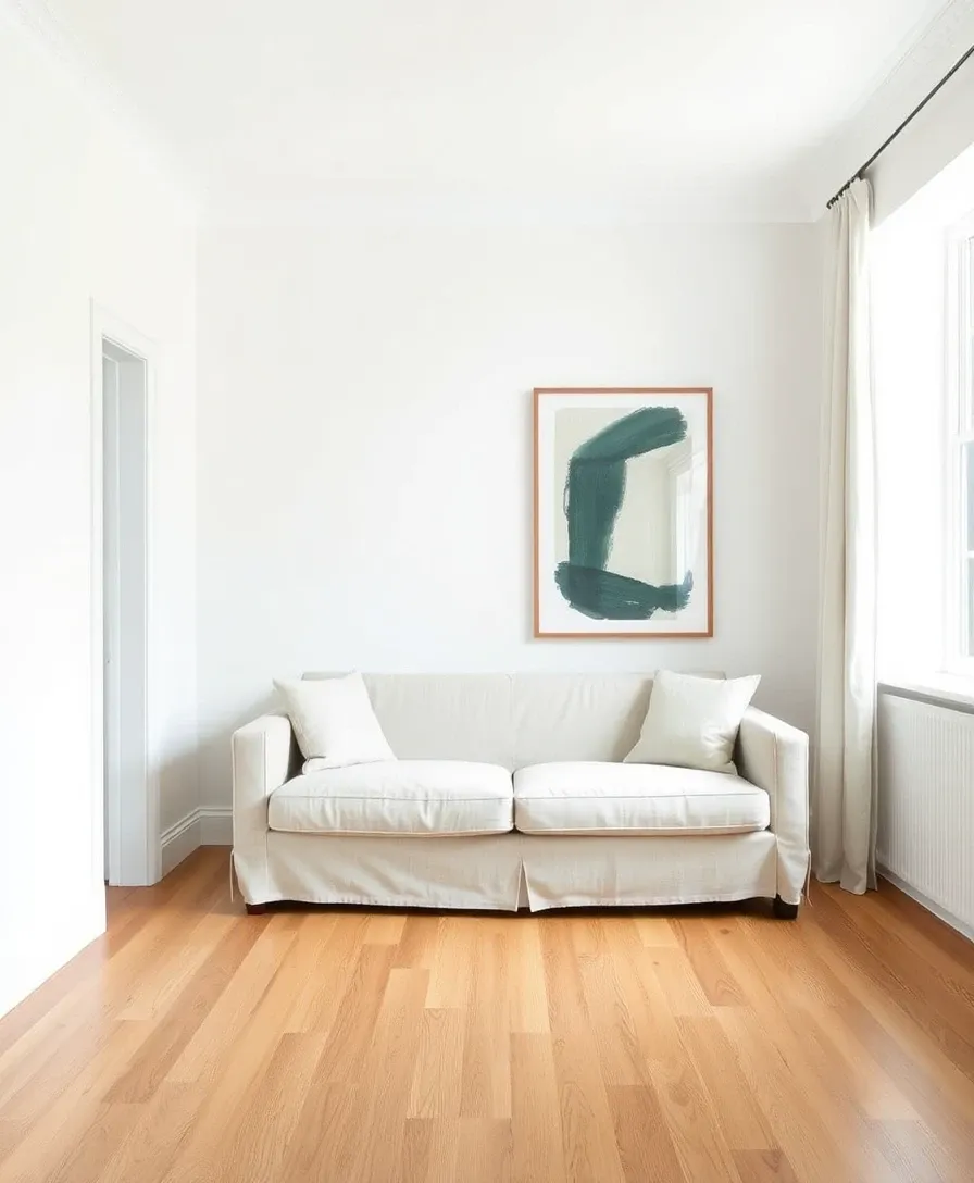 Minimalist British interior style — chalky white walls, oak floor, linen sofa, restrained styling