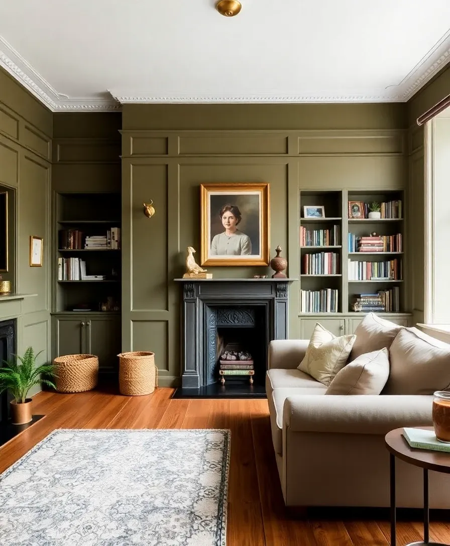Modern British interior style — heritage olive walls, linen sofa, brass fittings