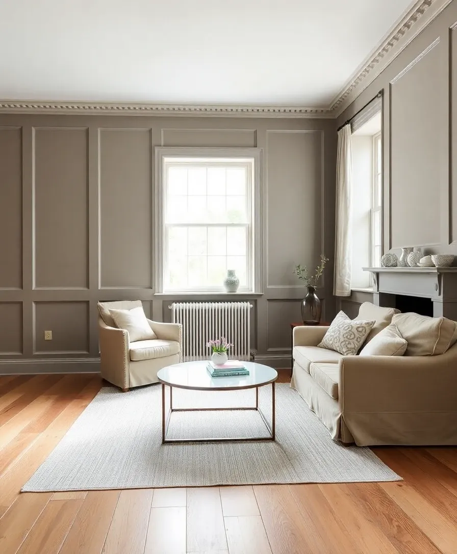 Scandi-Brit interior style — taupe walls, panelled feature wall, linen upholstery, picture rail
